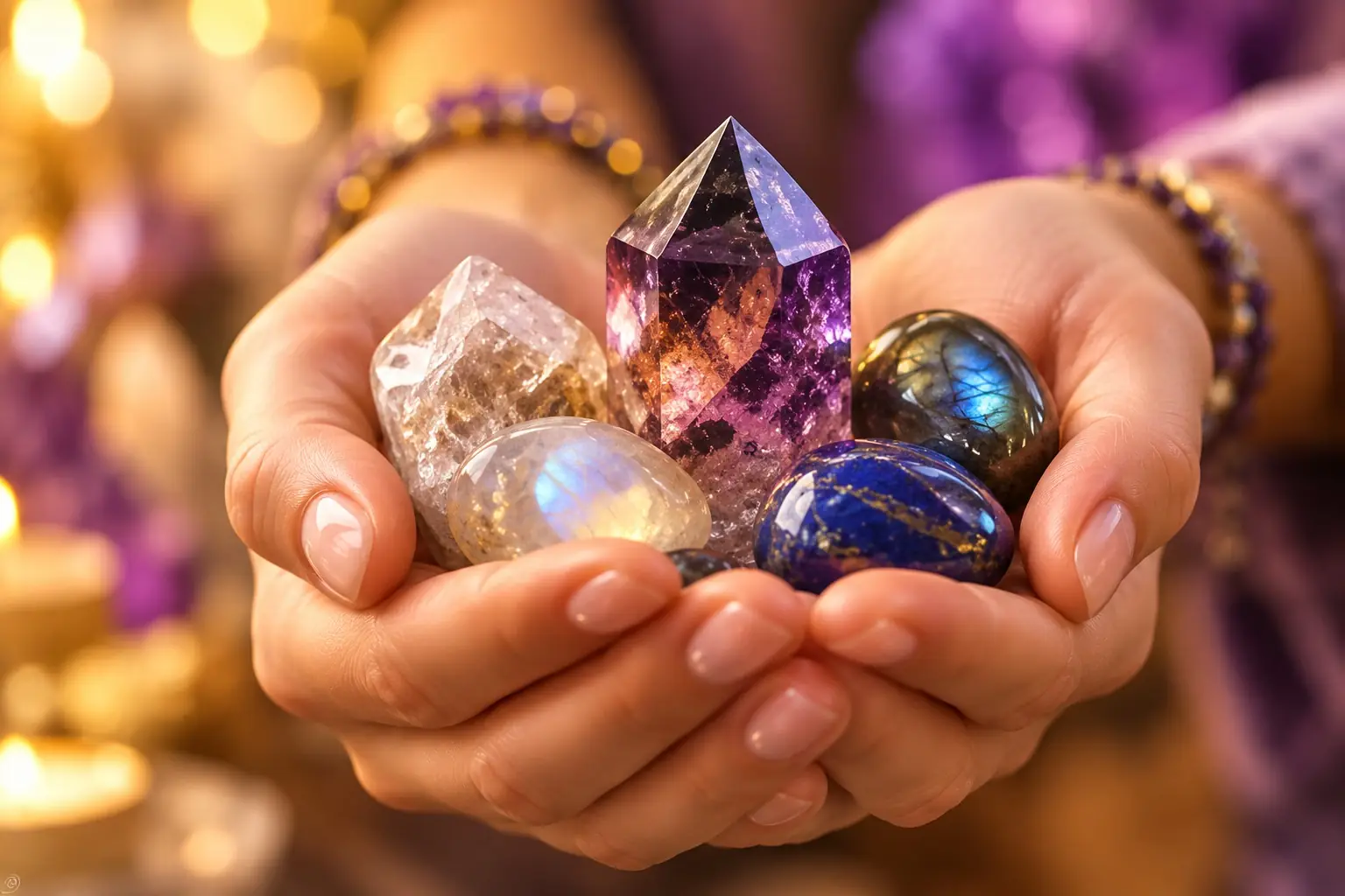 Mains réunies tenant une pointe d’améthyste, un quartz, une labradorite et un lapis-lazuli
