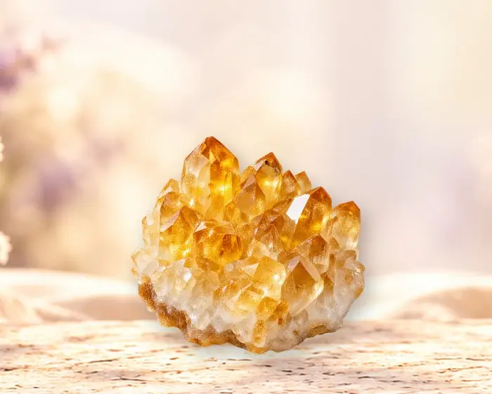 Citrine posée sur une pierre, devant des fleurs de lavande