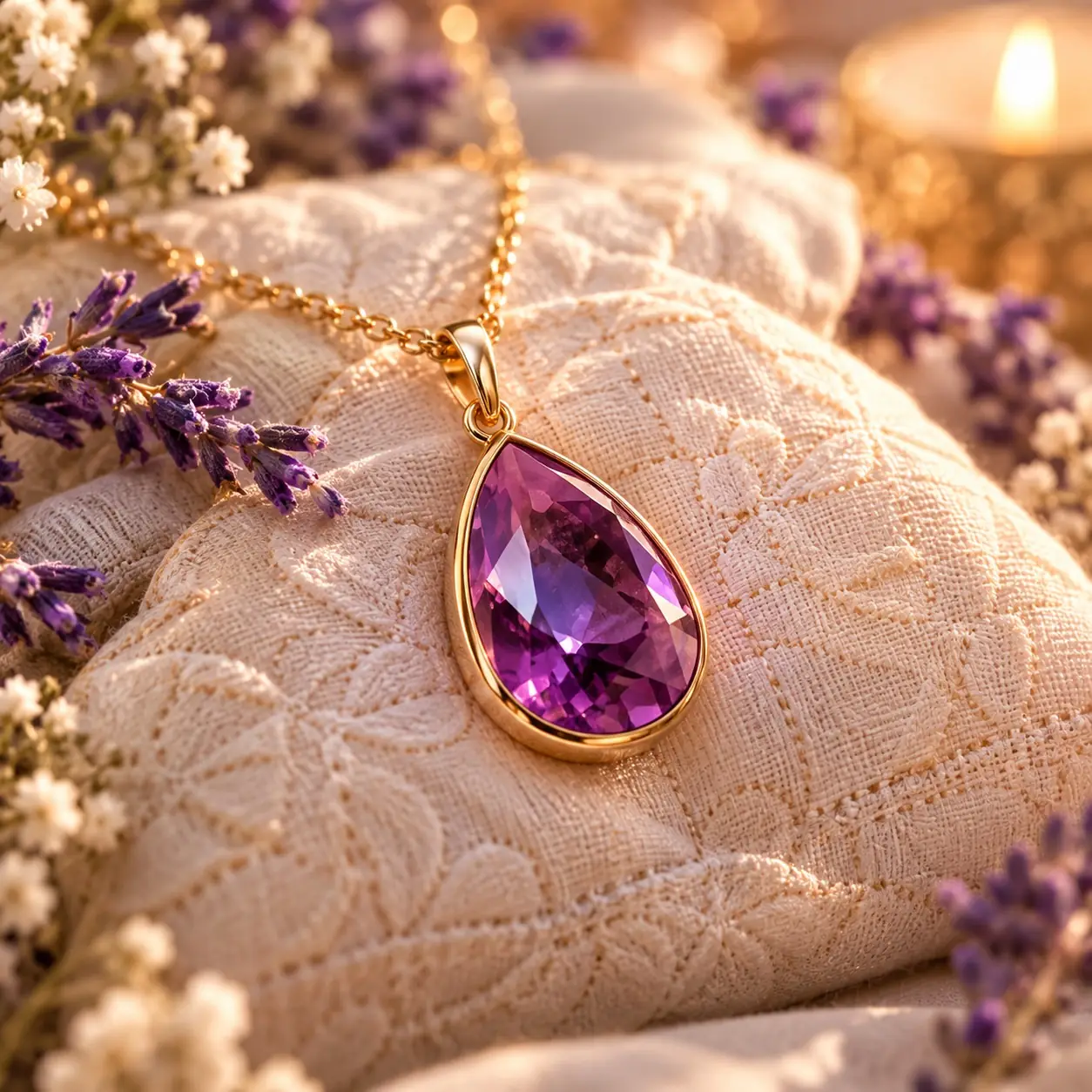 Pendentif goutte en améthyste sur une chaîne dorée
