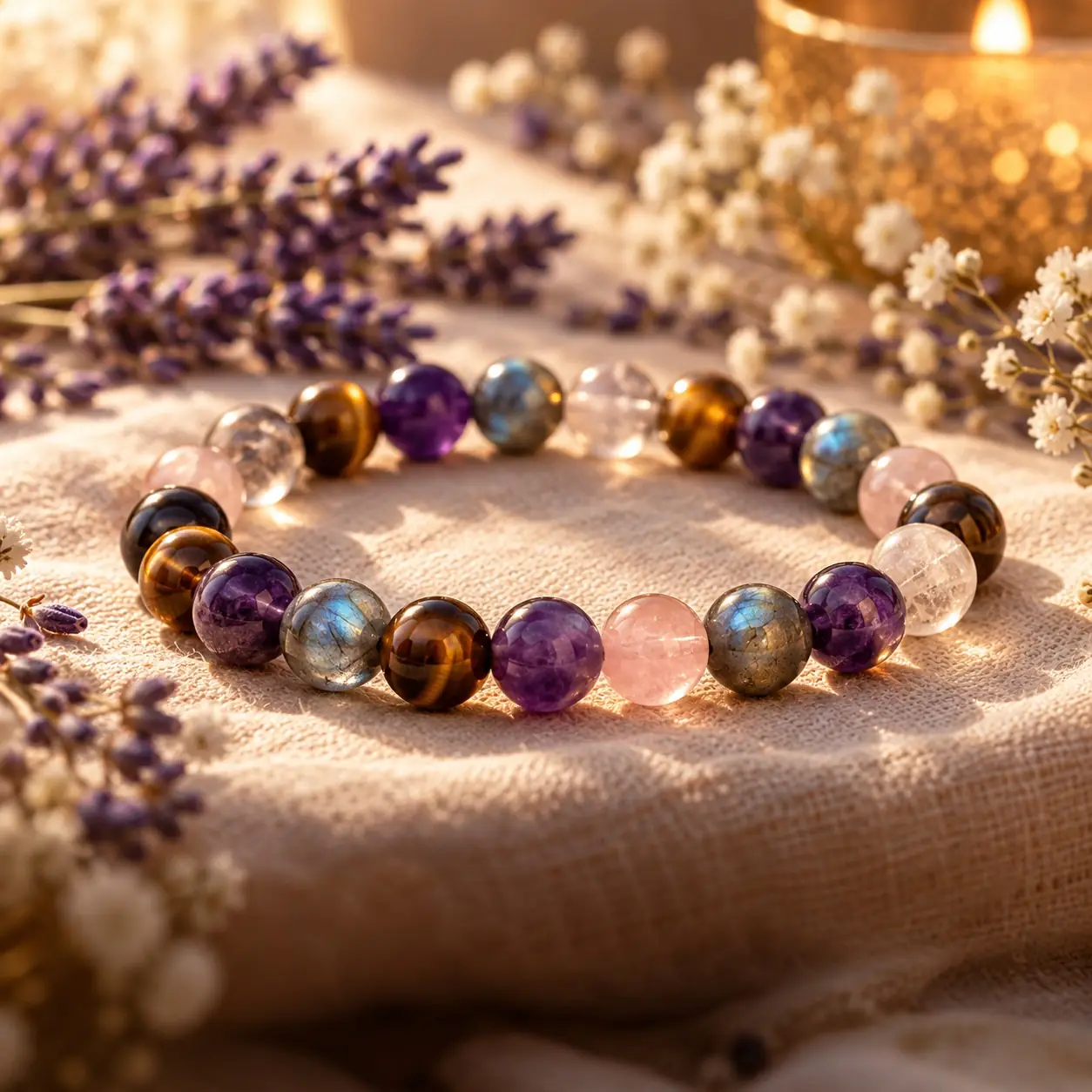 Bracelet en perles d’améthyste, œil de tigre, labradorite et quartz rose sur un lin crème