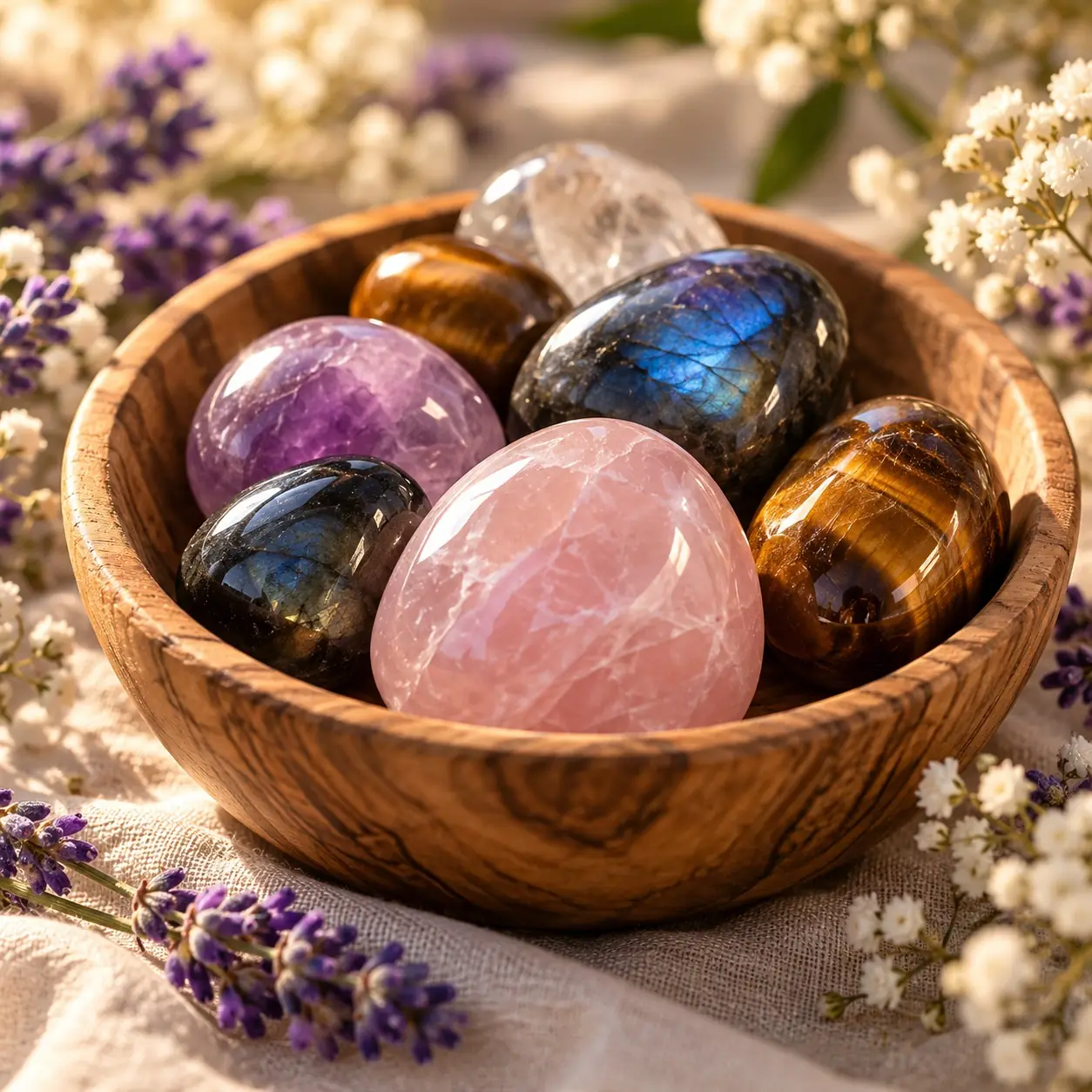 Bol en bois rempli de pierres roulées : quartz rose, labradorite, améthyste, œil de tigre