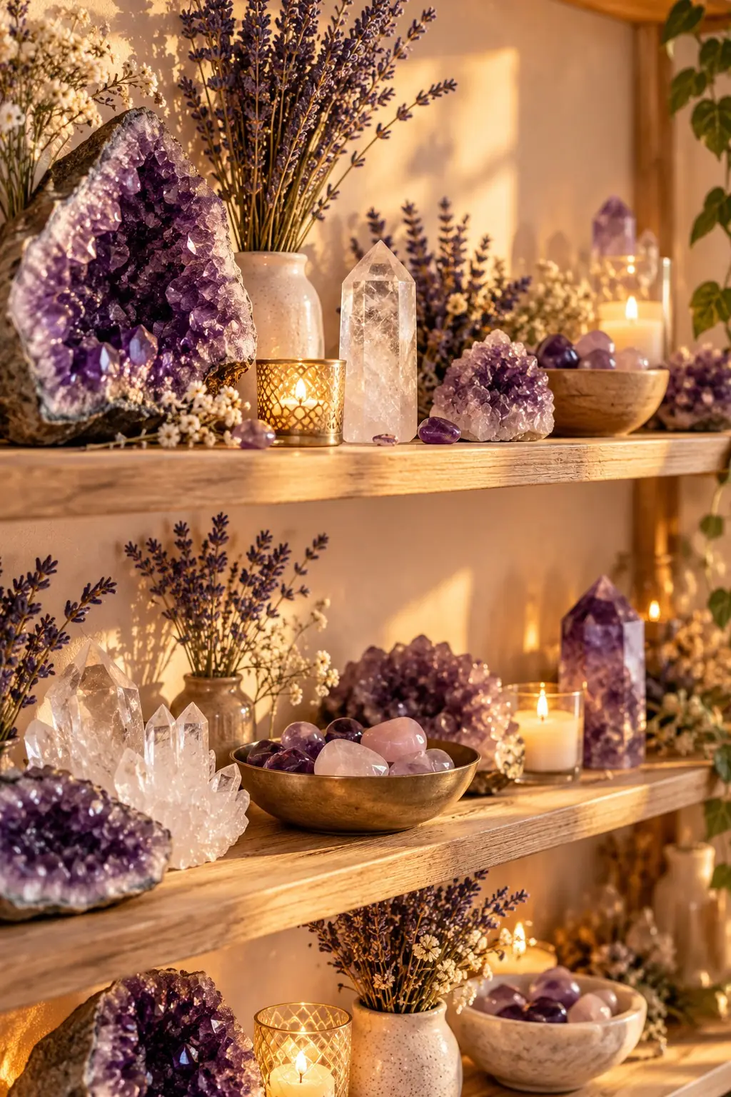 Étagère de bois clair garnie de géodes d’améthyste, de pointes de cristal, de bougies et de lavande