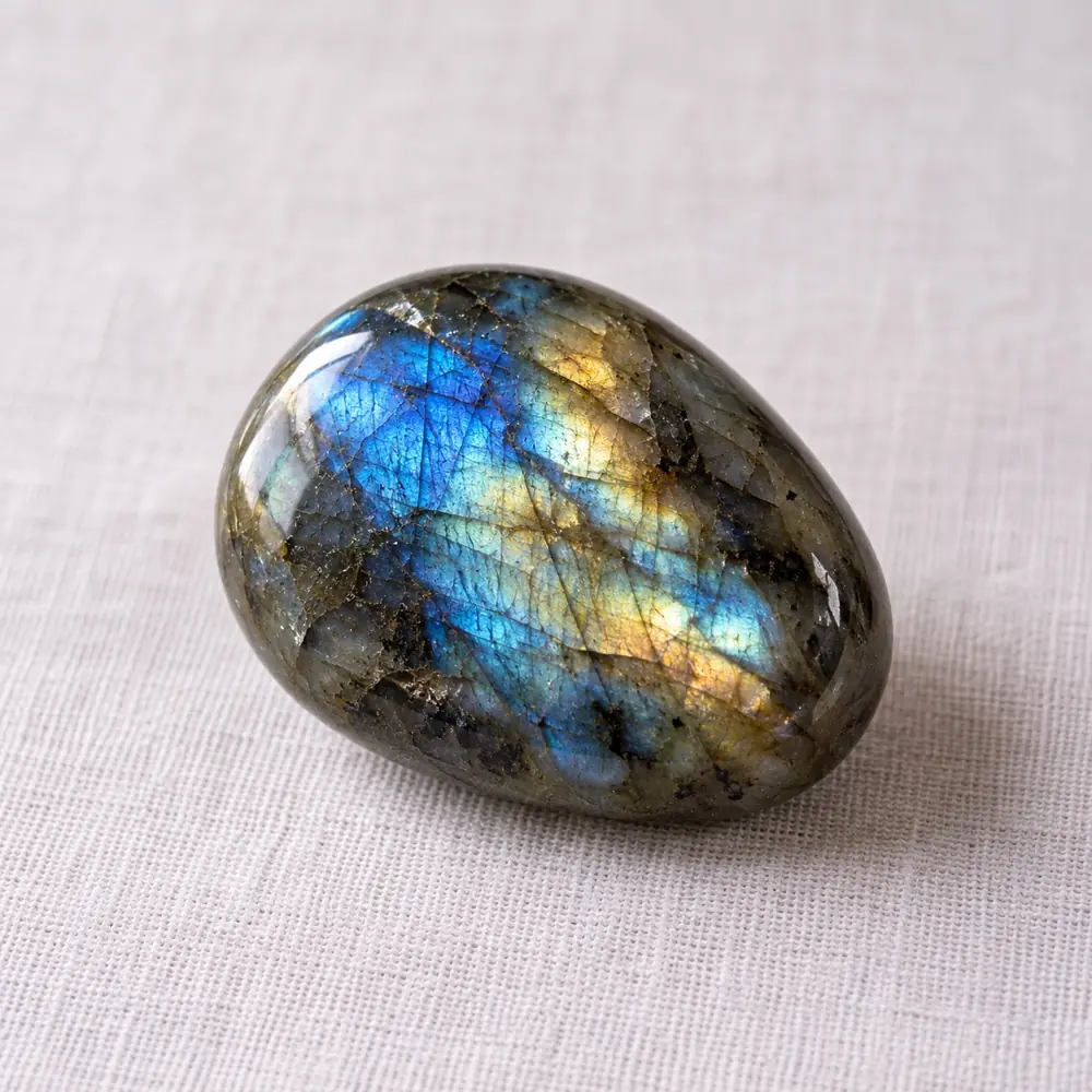 Labradorite posée sur un lin lavande