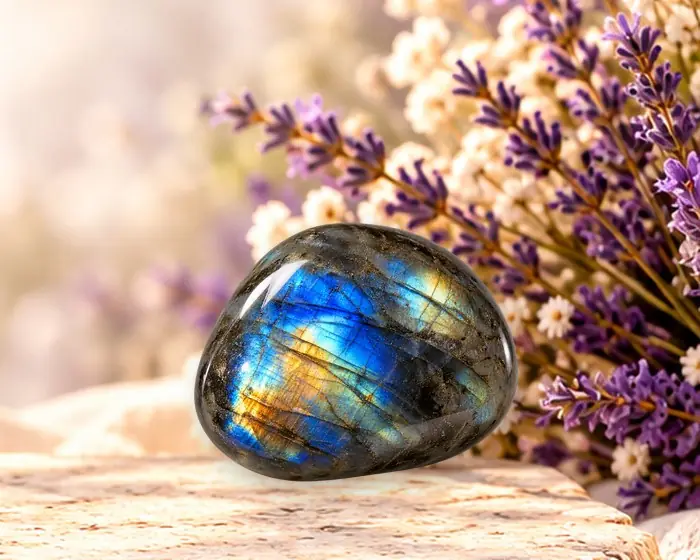 Labradorite posée sur une pierre, devant des fleurs de lavande