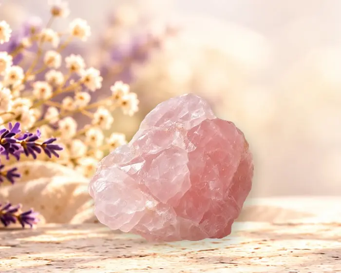 Quartz rose posée sur une pierre, devant des fleurs de lavande