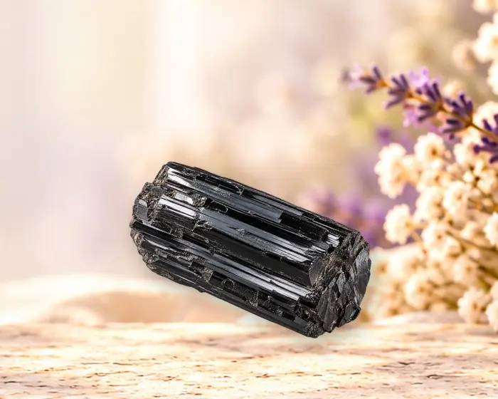 Tourmaline noire posée sur une pierre, devant des fleurs de lavande